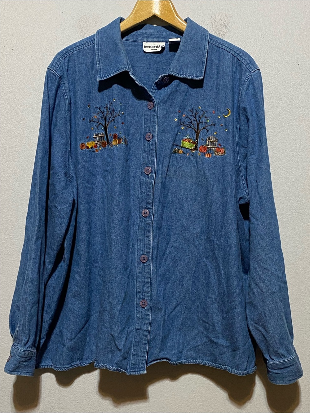 Breckenridge Fall Embroidered Denim Button Up Shirt Womens 3X Blue Cotton